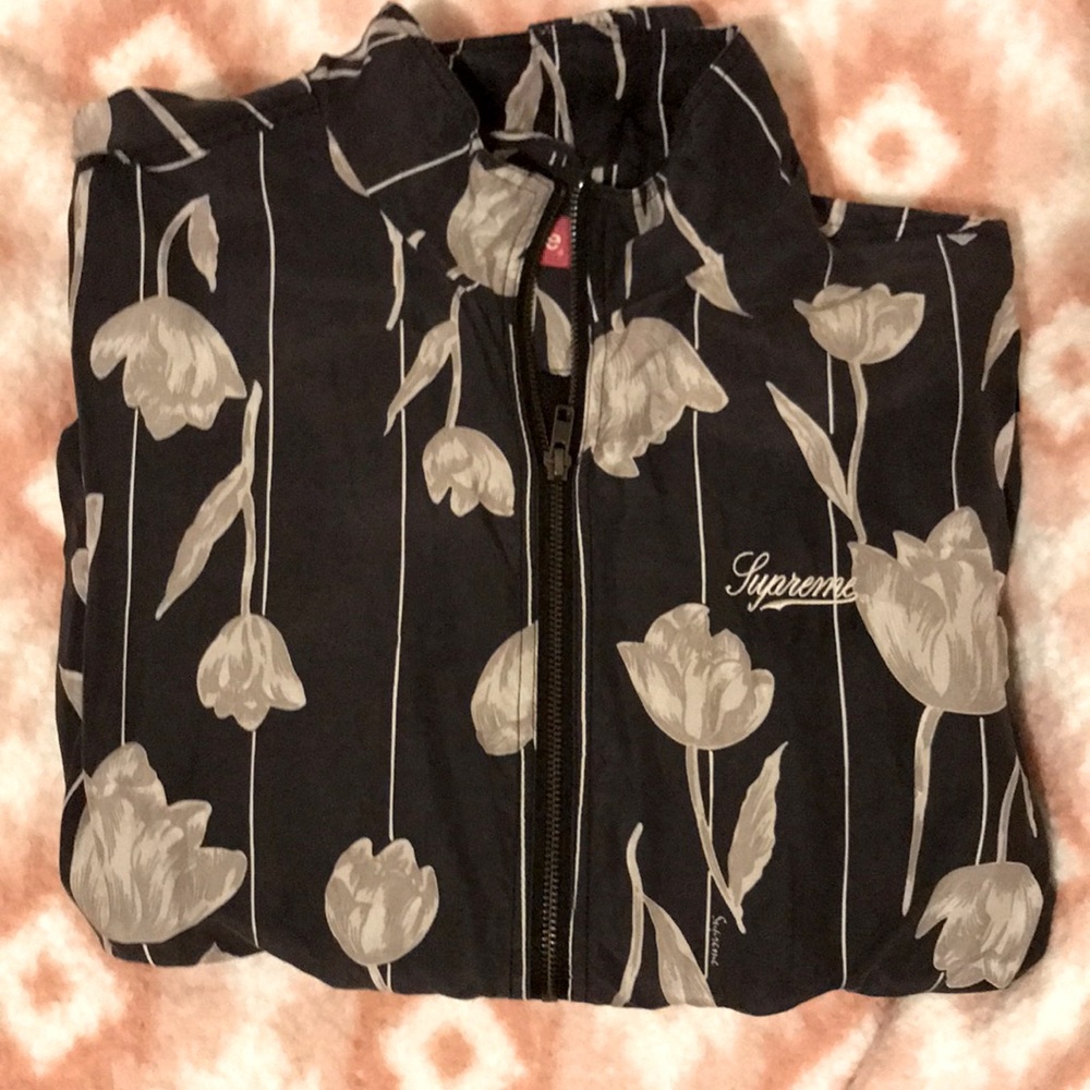 Supreme black floral silk track jacket size M